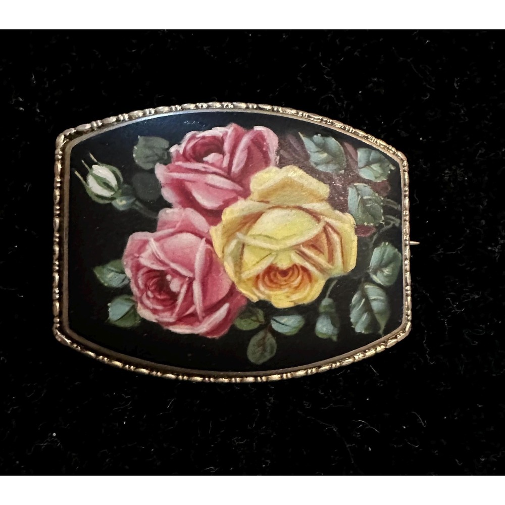 Antique Hand Painted Roses Brooch 985 Silver